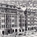 Katharinenstraße 16, 14 and 12, engraving by Johann George Schreiber in 1720. Number 14, the house in the middle, is Café Zimmermann, home of the musical ensemble Collegium Musicum, which Bach led from 1729 to 1741. The house was destroyed during a heavy Allied air raid on December 4th, 1943.