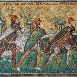 The journey of the Three Magi, carrying gold, frankincense and myrrh, following the star in the right hand corner. Mosaic in the Basilica of Sant'Apollinare Nuovo, Ravenna, Italy, from the 6th century.