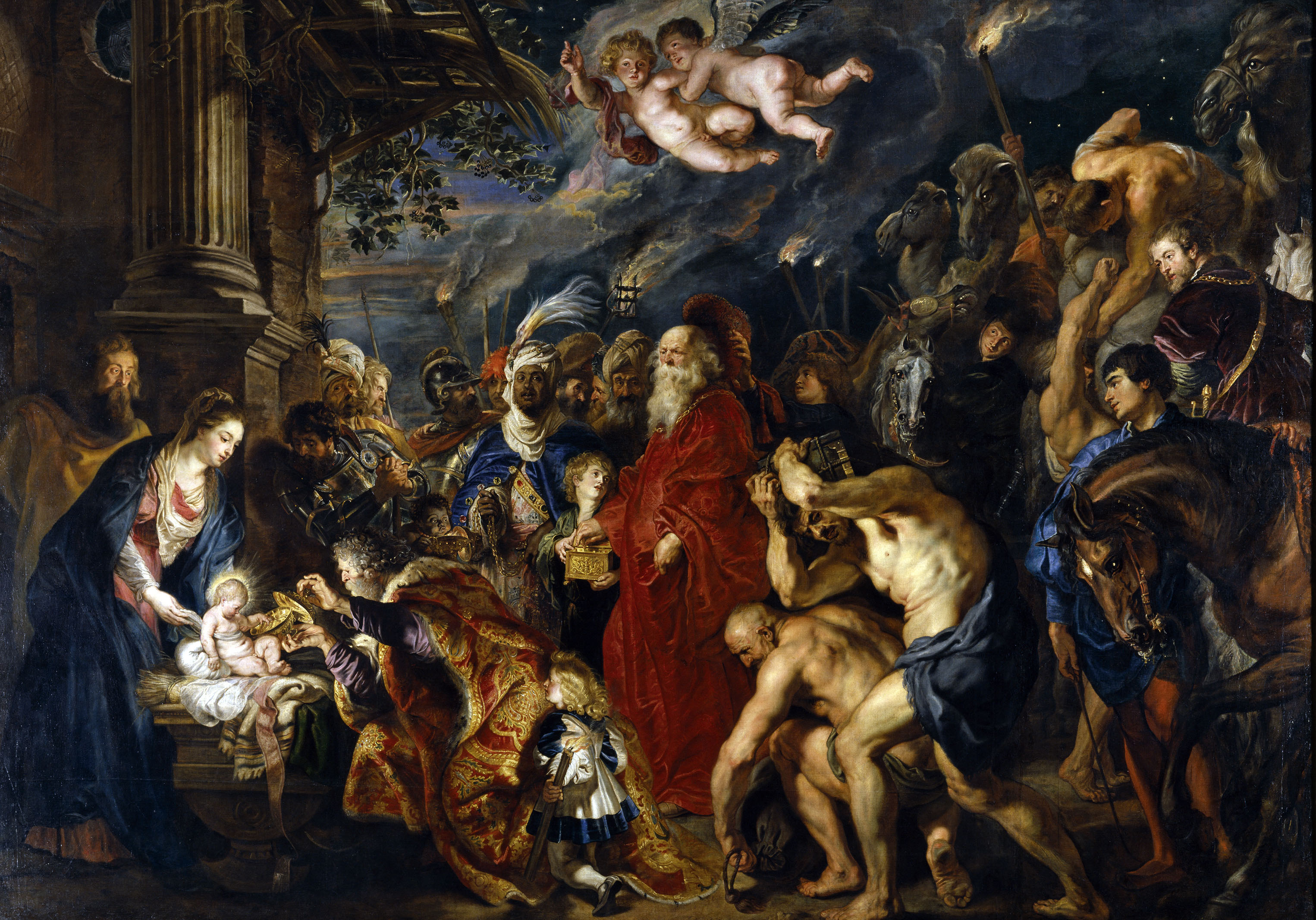 The adoration of the Magi by Peter Paul Rubens, the most famous painter from my hometown Antwerp. Painted in 1609 to decorate the negotiations hall for the Twelve Year's truce. Given to the Spanish ambassador in 1612, it came into possession of the Spanish king Philips IV. Rubens himself reworked it slightly in Spain in 1628-1629. It survived a fire in 1734 by being cut from its frame and thrown out the window, and now resides in the Prado in Madrid.