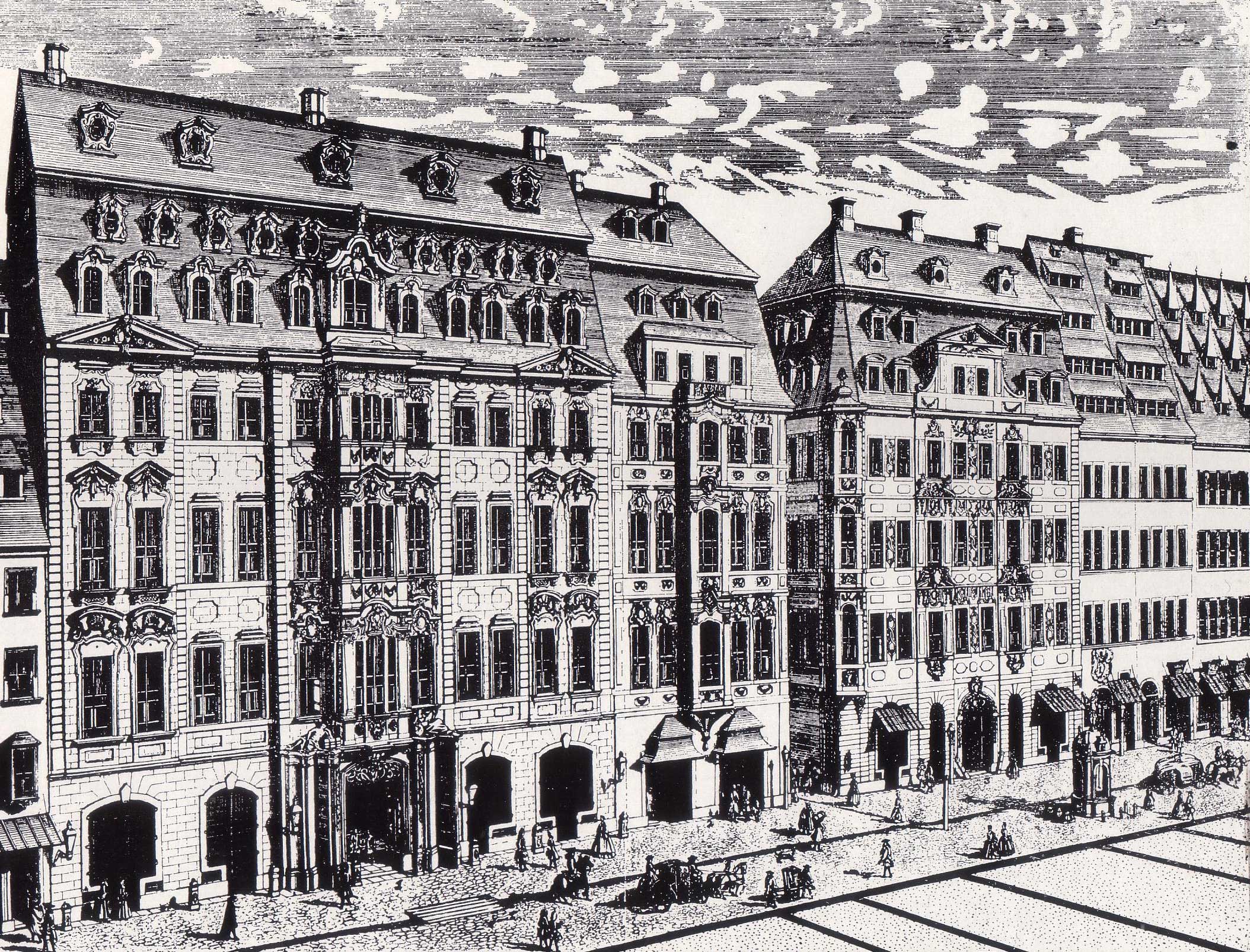 Katharinenstraße 16, 14 and 12, engraving by Johann George Schreiber in 1720. Number 14, the house in the middle, is Café Zimmermann, home of the musical ensemble Collegium Musicum, which Bach led from 1729 to 1741. The house was destroyed during a heavy Allied air raid on December 4th, 1943.