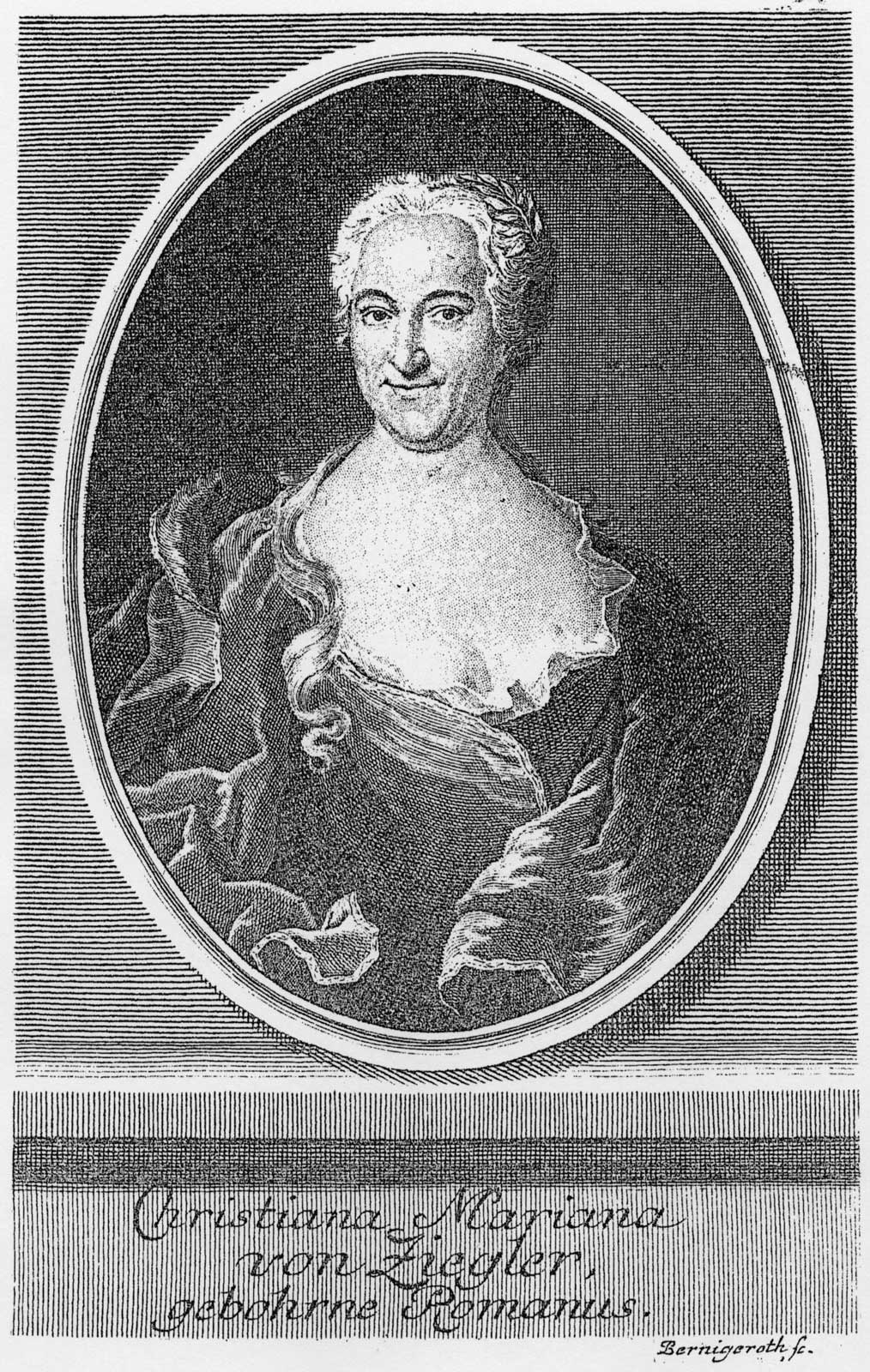 A contemporary etching of Christiana Mariana von Ziegler (1695-1760), the author of the libretto for Ihr werdet weinen und heulen, BWV 103.