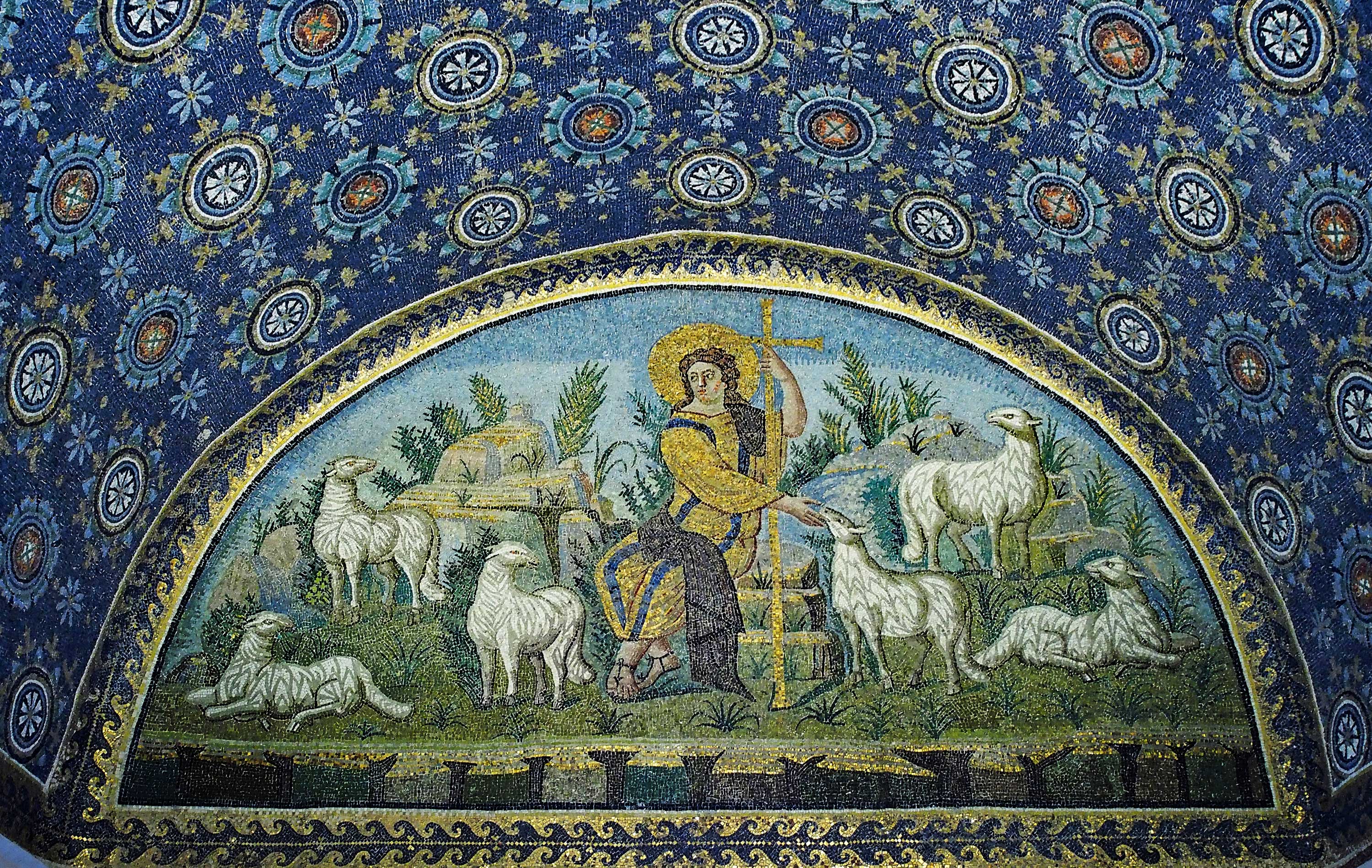 The good shepherd, mosaic in the Mausoleum of Galla Placidia, Ravenna, Italy (from around 425).