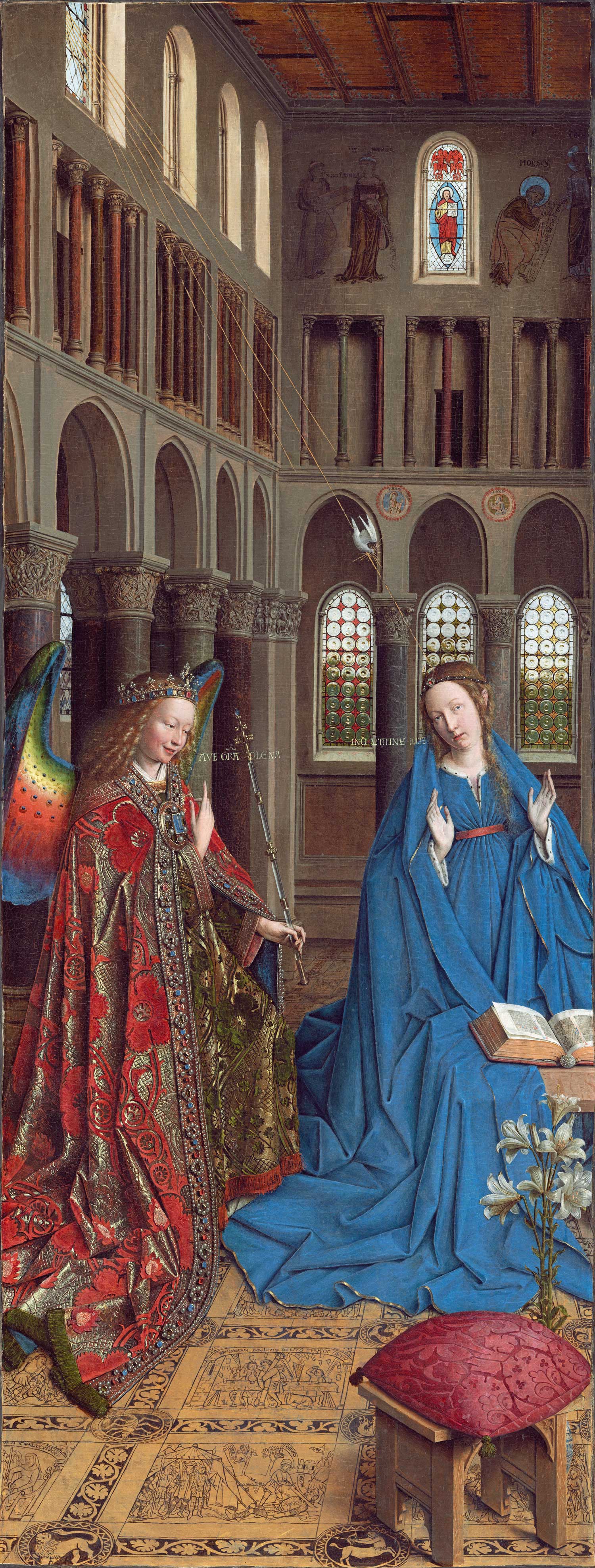 The Annunciation (1434–1436) by Jan Van Eyck (c.1390-1441), National Gallery of Art, Washington DC. It is thought that it was the left (inner) wing of a triptych; there has been no sighting of the other wings since before 1817.