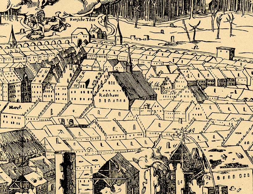 The oldest known depiction of Leipzig's Altes Rathaus (Old Town Hall) from 1547, before the modifications begun by Hieronymus Lotter around 1556, which have given the building its current dimensions and aspect, and which was also the building Bach was familiar with.