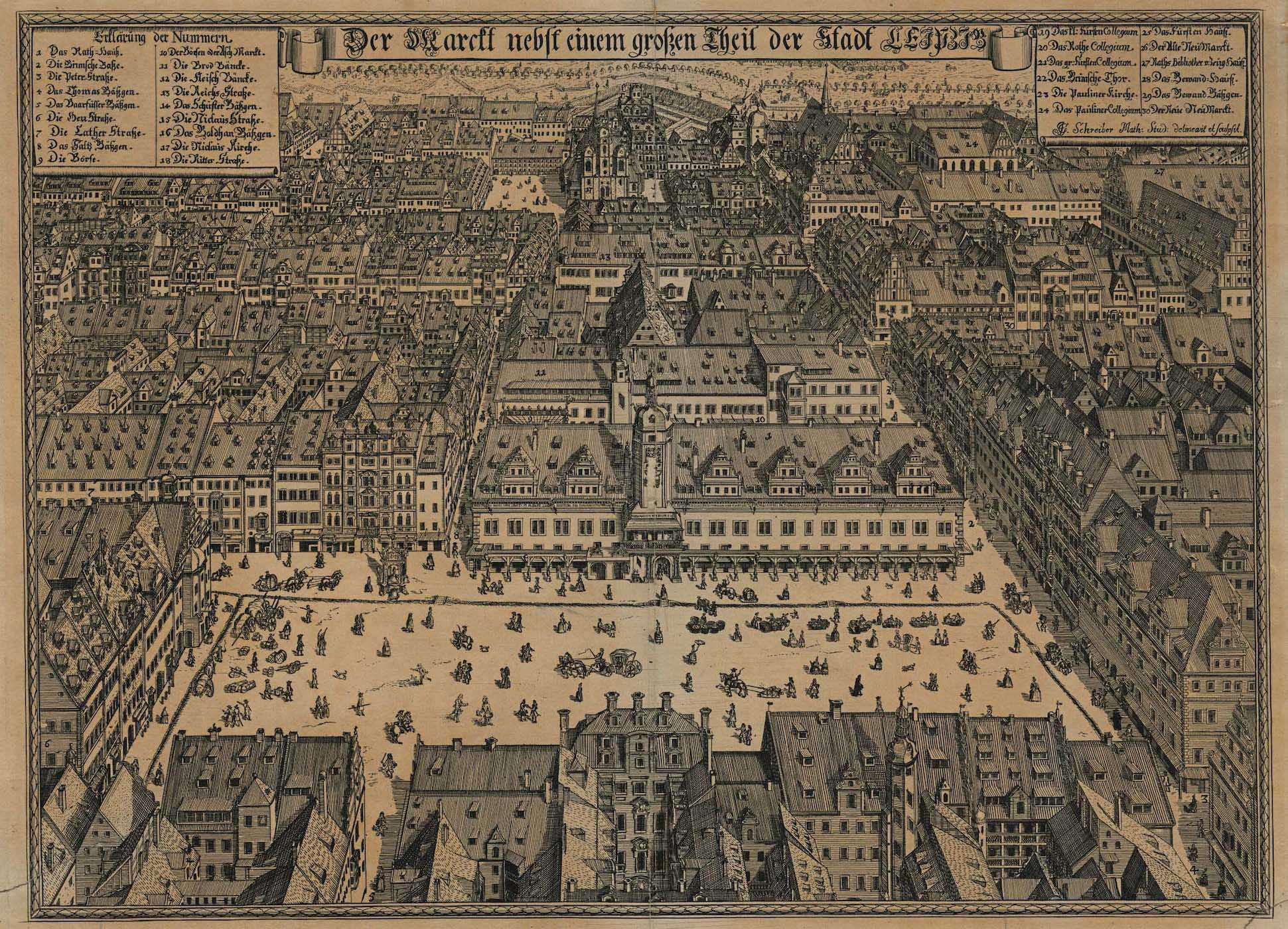View of the city of Leipzig centered on the main square and the Altes Rathaus (Old Town Hall) from 1712.