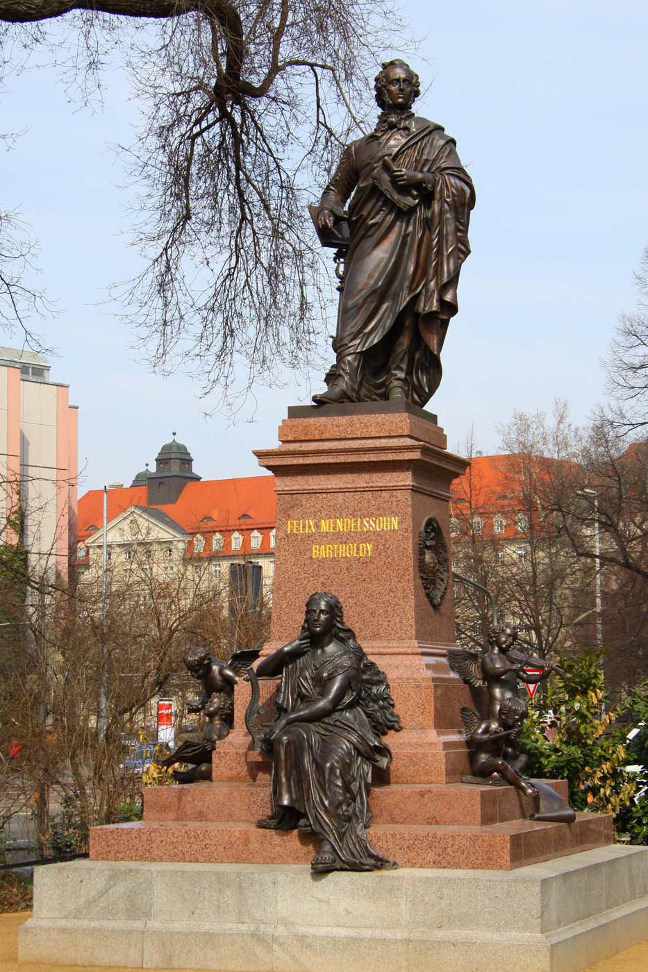 Statue of Felix Mendelssohn Bartholdy next to the Thomaskirche in Leipzig. Mendelssohn's performance of the Matthaeus Passion in 1829, the first performance since Bach's lifetime, was a watershed moment in the rediscovery of Bach's work in the 19th century.