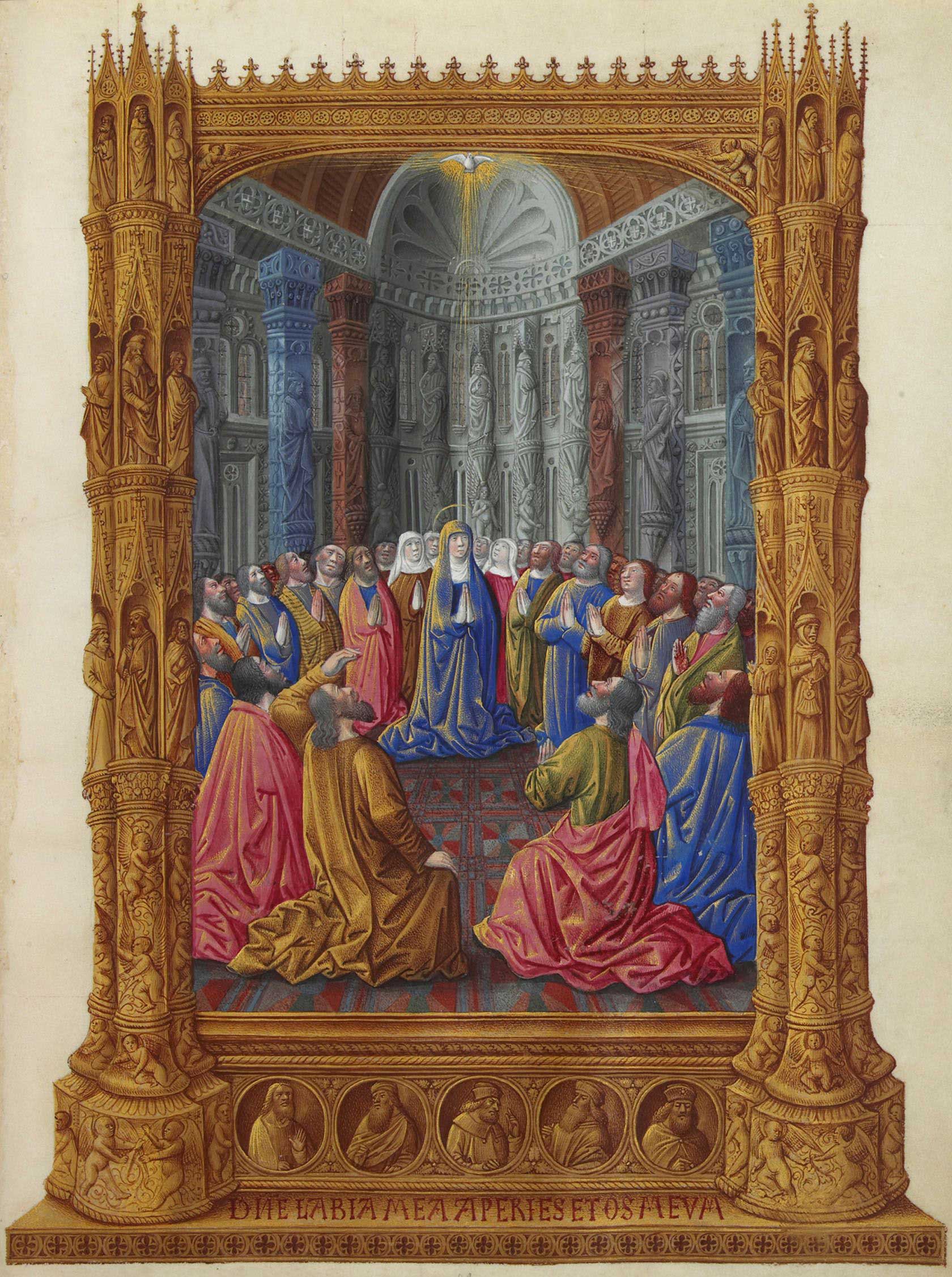 Pentecost, from the Très Riches Heures du Duc de Berry, a book of hours by the Dutch painters the Limbourg brothers, left unfinished in 1416 when all three brothers and their patron, Jean, Duc de Berry, died, possibly from the plague. Musée Condé, Chantilly, France.