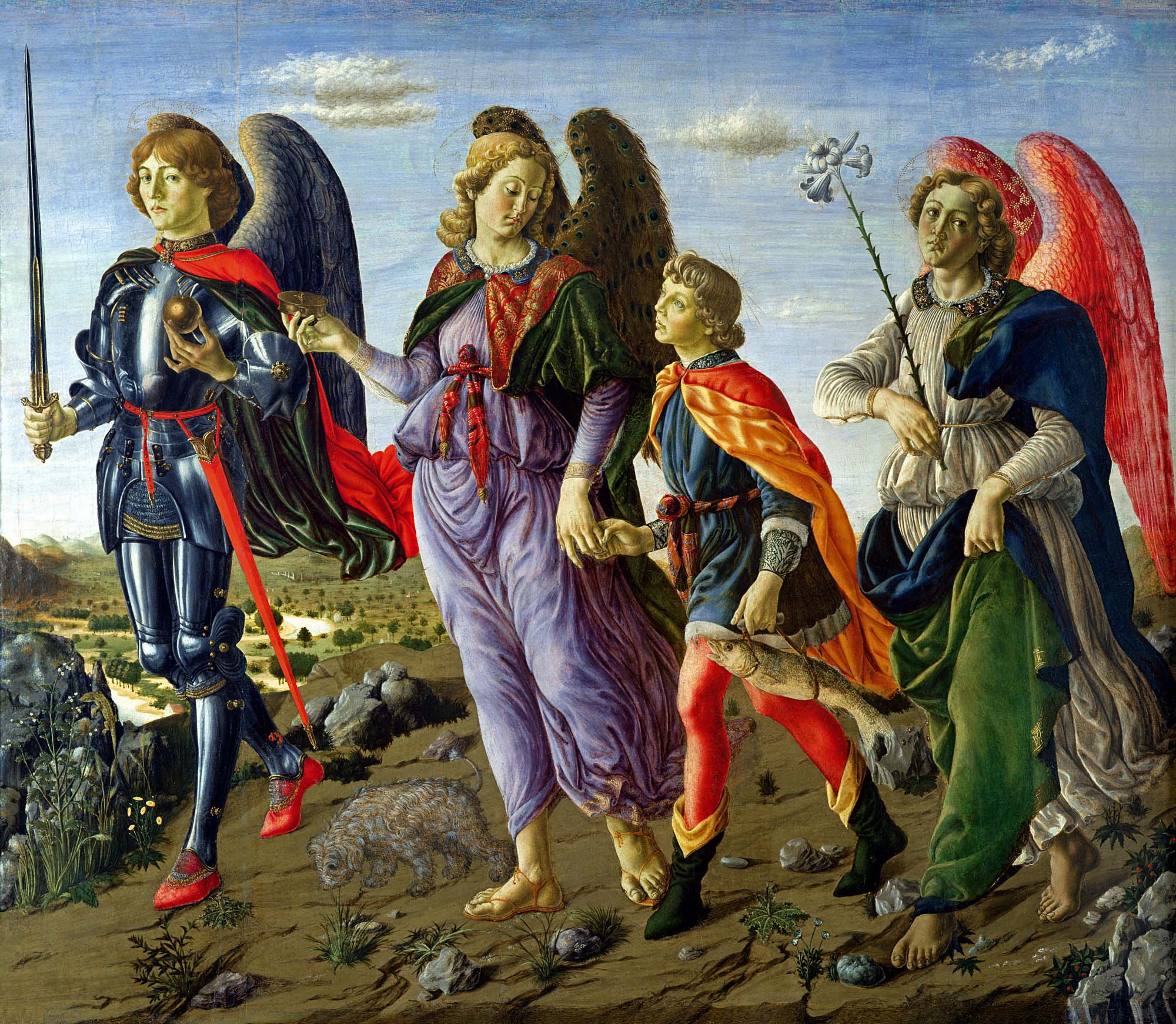 Painting by Francesco di Giovanni Botticini (1446-1498) of the three archangels (from left to right Michael, Raphael, Gabriel) with young Tobias (1470 - Galleria degli Uffizi, Florence, Italy).