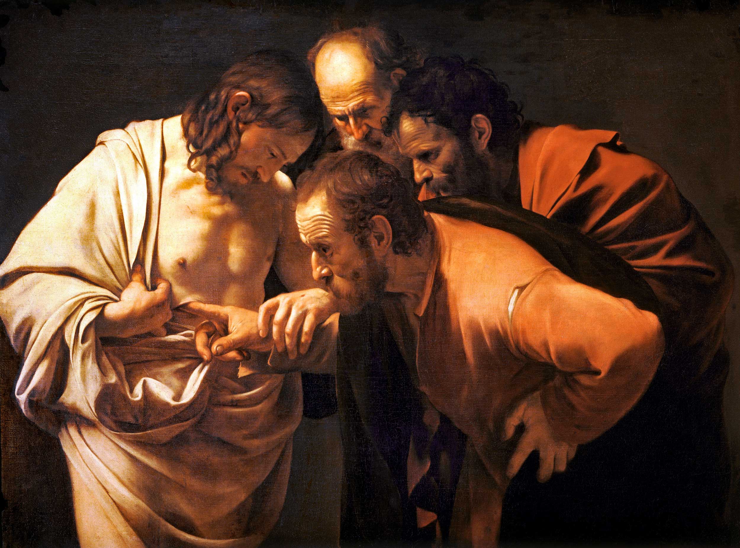 The incredulity of Saint Thomas by Italian painter Caravaggio from 1601-1602. Sanssouci Picture Gallery, Potsdam, Germany.