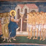 Jesus healing ten lepers, the evangelical reading for Trinitatis XIV. 14th century fresco from the Serbian Orthodox monastery of Visoki Decani, located south of the city of Peć, Kosovo.