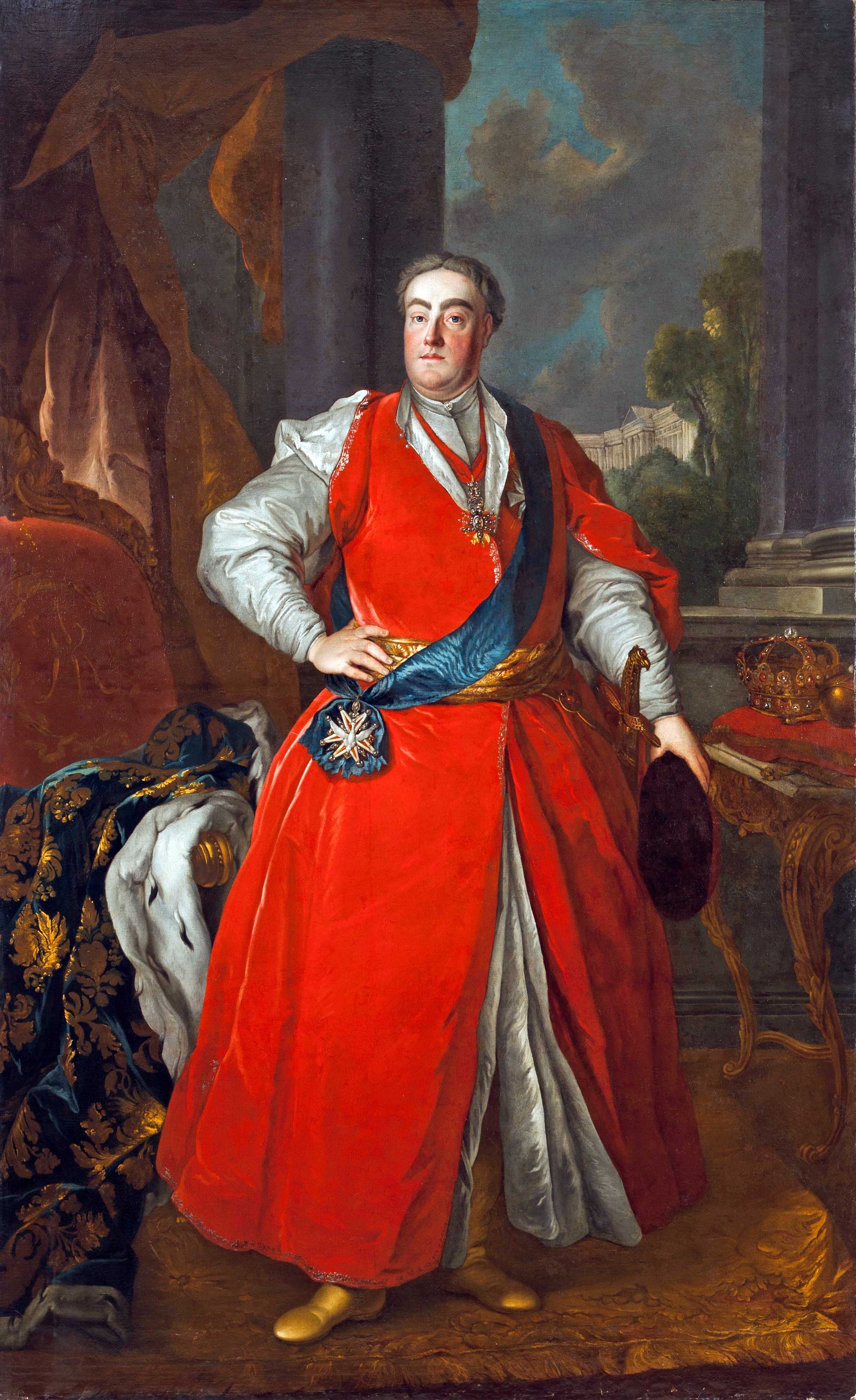 Portrait of Augustus III of Poland, Elector of Saxony -- workshop of Louis de Silvestre. He wears Polish garb and the Orders of the Golden Fleece and of the Holy Spirit. On the left hand side, on a chair upholstered with his crowned monogram, lies the mantle that the Saxon Government offered him for his coronation. To the right of the composition are, on a console, the insignias of regal power: crown, sceptre, and orb (Wikipedia).