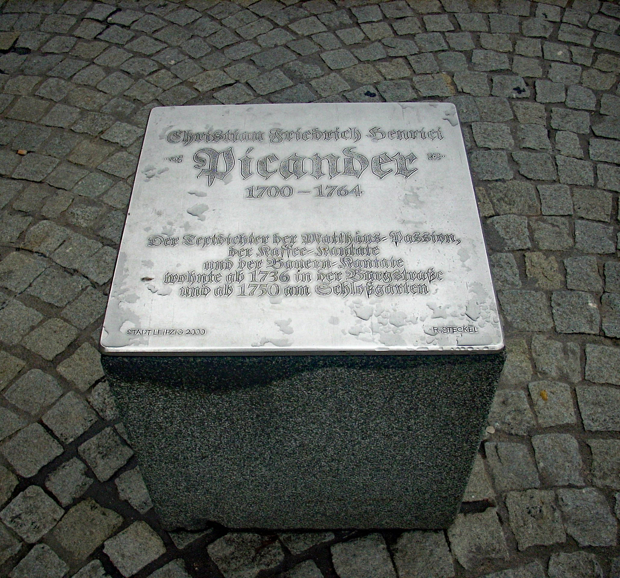 Memorial plaque in the Burgplatz in Leipzig for Christian Friedrich Henrici (January 14, 1700 – May 10, 1764), writing under his pen name Picander, author of the libretti of many Bach cantatas, including the Matthaeus Passion and the Coffee Cantata.