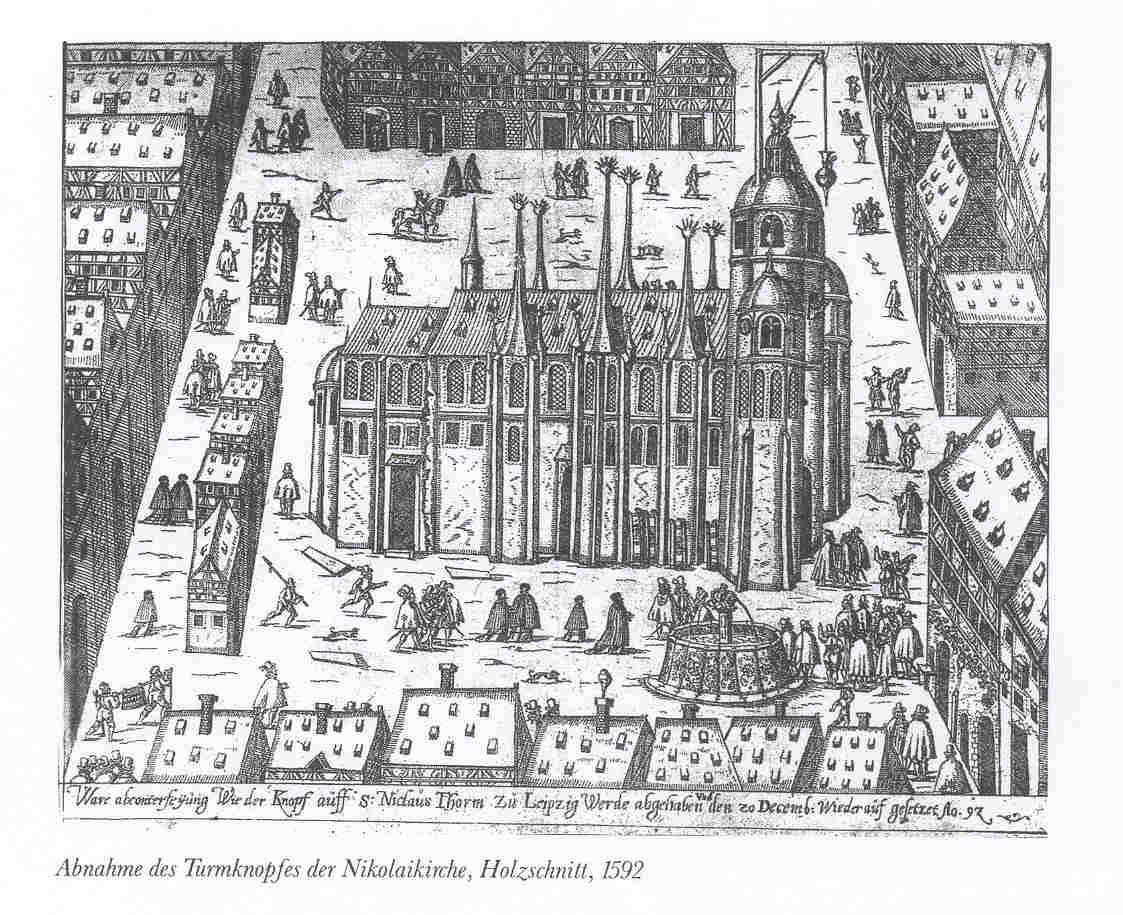 Wood engraving of the Nikolaikirche in Leipzig, 1592. The Nikolaikirche was also under the supervision of Bach as Thomaskantor, and he performed many cantatas there too.