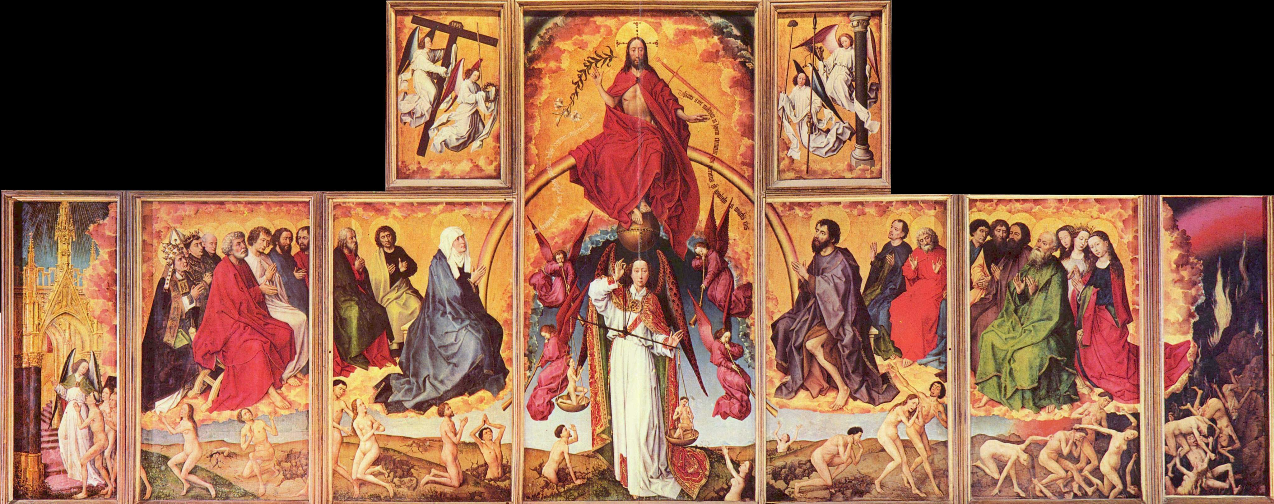 The Last Judgment, subject of the prescribed readings of Trinitatis XXV, as depicted so magnificently around 1445-1450 by Rogier Van der Weyden (1399 or 1400-1464). Commissioned by Nicolas Rolin, chancellor of the Duke of Burgundy, for the Hospices de Beaune (which he founded), and where it still hangs today.