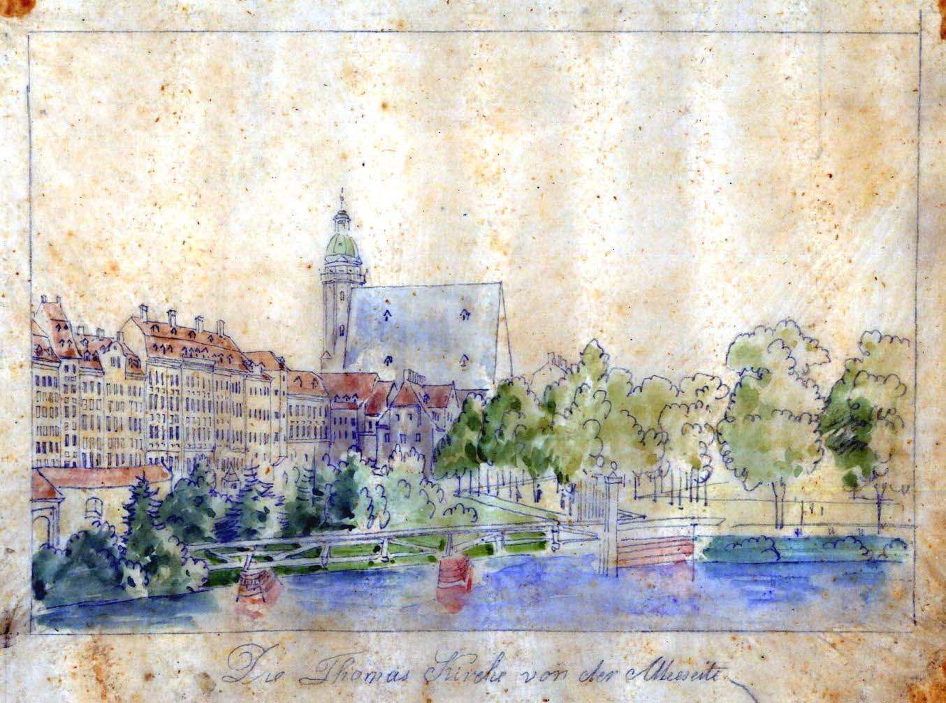 Water colour painting of the Thomaskirche in Leipzig by Louis Braun, around 1870. Louis Braun was a German painter, mostly known for his battlescenes, especially those of the Franco-Prussian war of 1870-1871.