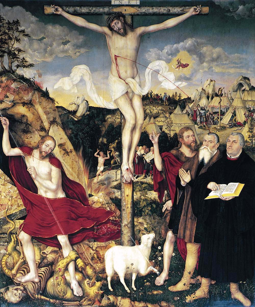 Central panel of the altarpiece in the Herderkirche in Weimar. The remarkable triptych was begun by Lucas Cranach the Elder in 1552/53, shortly before his death, and completed in 1555 by his son Lucas Cranach the Younger. It is regarded as a major work of art of the 16th century in Saxony and Thuringia. You can see Martin Luther on the right holding a bible.