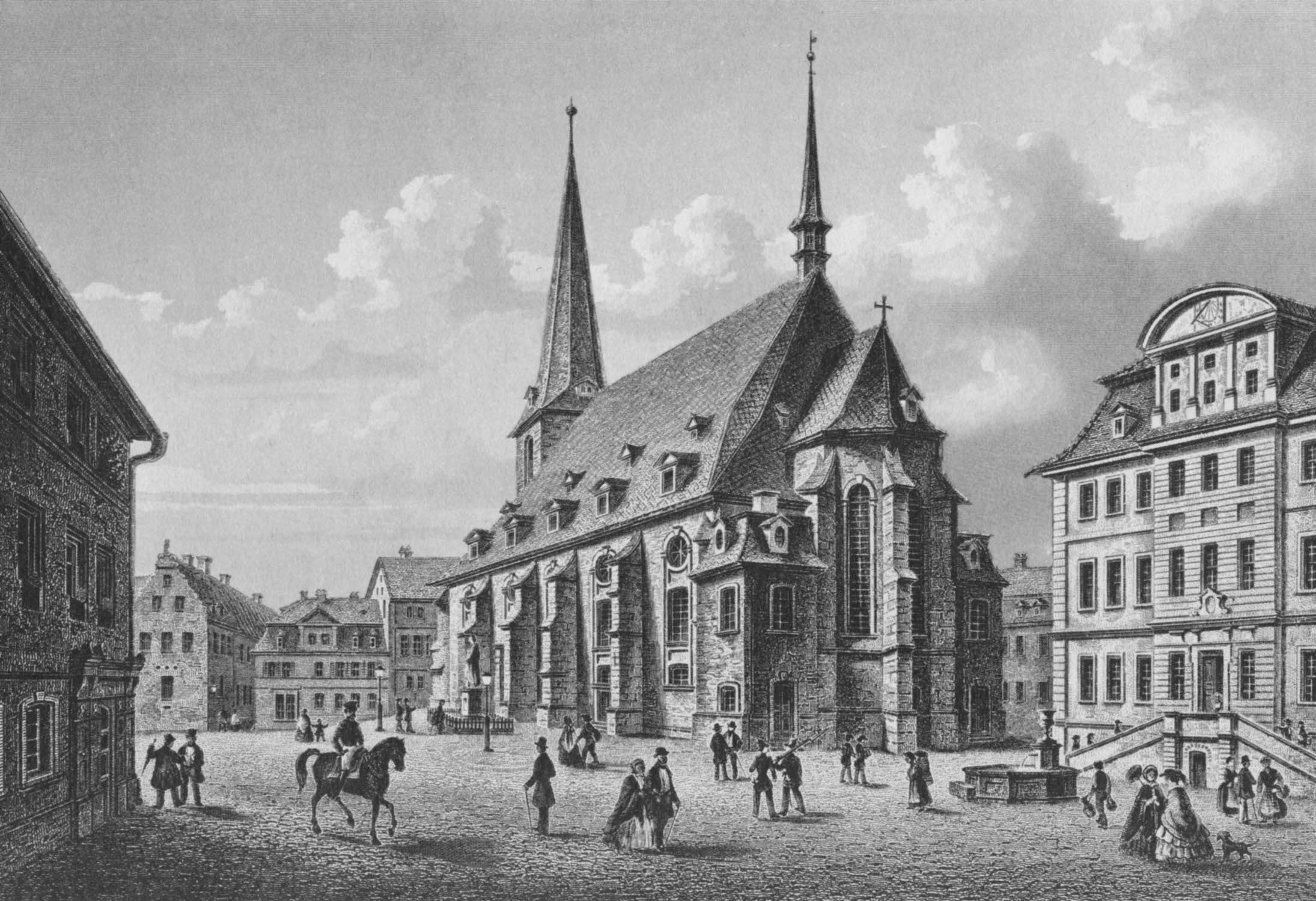 A view of the Herderplatz in Weimar from the southeast (etching by L. Oeder, 1840). The church of Saint-Paul and Saint-Peter, also known as the Herderkirche, saw the premieres of several Bach cantatas. John Eliot Gardiner suggests that Bach cantatas using a festive orchestra were first performed there, including his first cantata for Christmas, Christen, ätzet diesen Tag, BWV 63 and Der Himmel lacht! Die Erde jubilieret, BWV 31 for the Easter Sunday of 1715, scored for soloists, a five-part choir and three instrumental groups. Bach frequently played the organ, and two of his sons were baptized in the church.